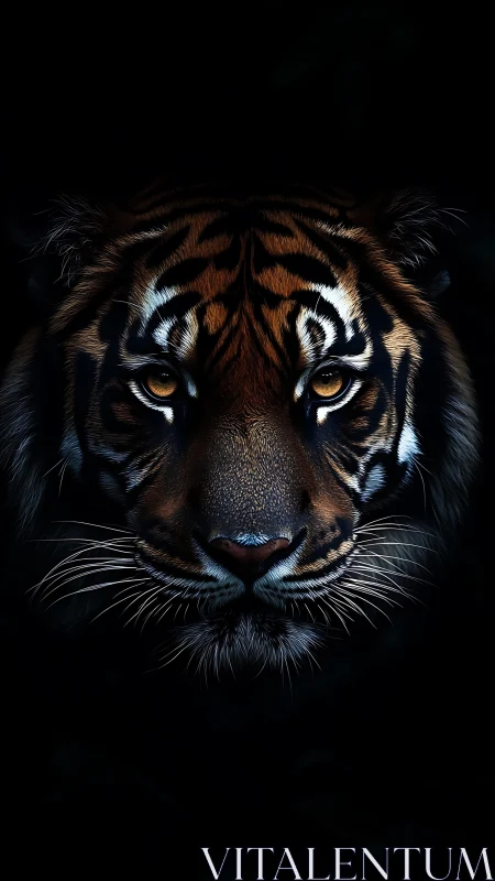 Tiger head rendered in frontal close-up against dark background