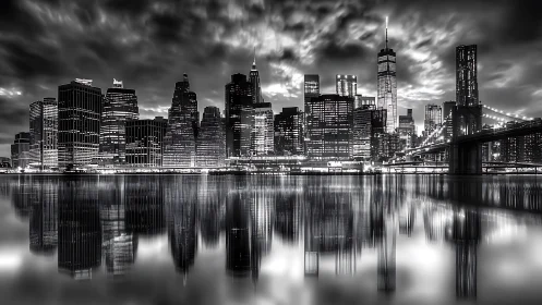 Monochrome metropolitan skyline with mirrored waterfront reflections.