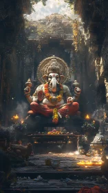 Ganesh statue in ornate temple hall with warm ritual light.