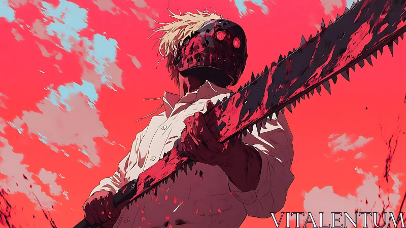 Chainsaw warrior poised against a blazing crimson sky.