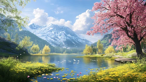 Spring alpine lake under blossoms and snowcapped peaks.