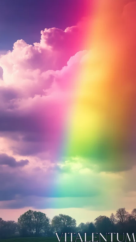 Vertical rainbow over cloudy rural landscape at dusk.