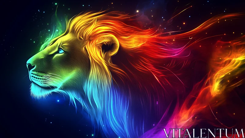 Radiant cosmic lion glowing in a swirling rainbow mane.