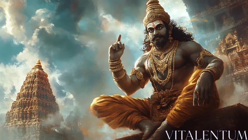 Digital painting of divine guardian seated before temple complex.