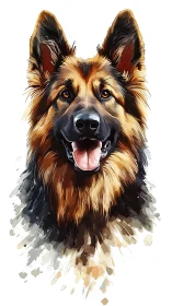 German Shepherd dog portrait in watercolor illustration.