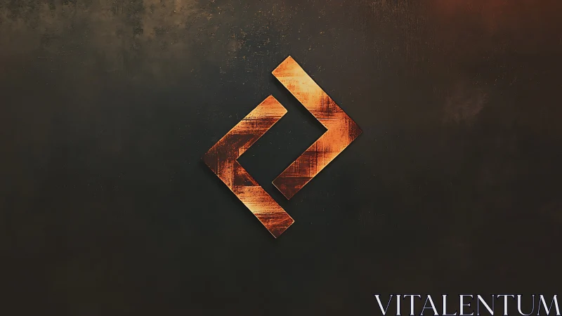 Rust-burnished geometric emblem on dark textured field.