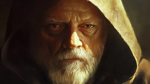 Elderly hooded man with intense gaze in warm light.