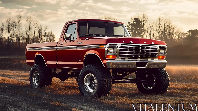 Sunset glow warms a lifted classic red pickup truck in a field