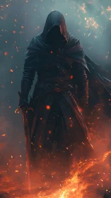 Hooded pyroknight in ember-saturated infernal battlefield.