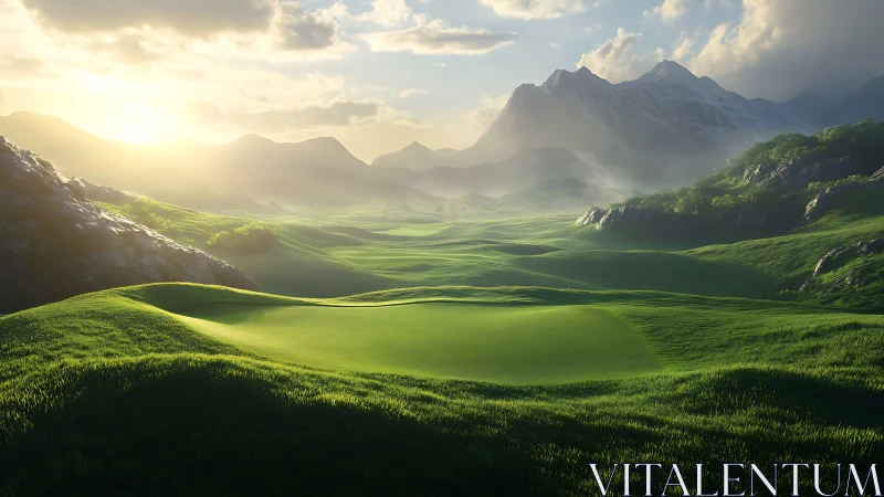 Sunlit mountain golf valley unfolds in lush green waves.