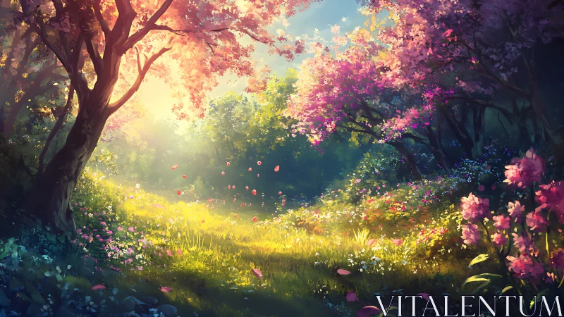 Sunlit forest glade with flowering trees in spring bloom.