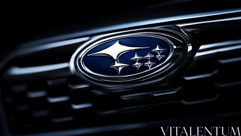 Photorealistic macro of chrome automotive emblem on grille.