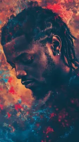 Digital portrait with cosmic fire and shadowed profile.