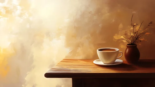 White cup of coffee and vase are placed on wooden table