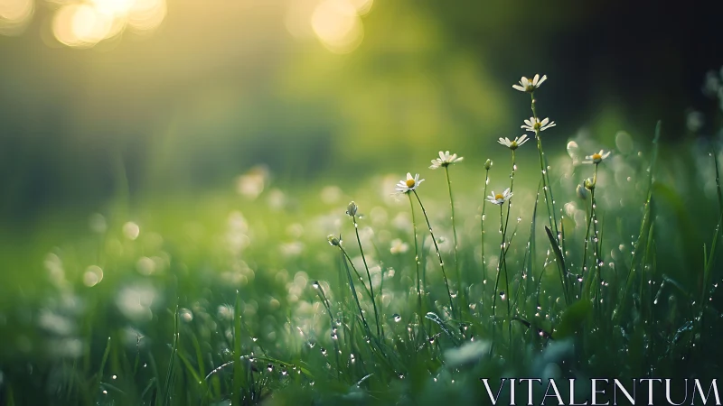 Backlit daisies stand in shallow-focus grass with dew droplets