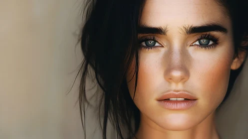 Sunlit gaze framed by wild dark hair and quiet resolve.