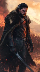 Stoic warrior in fur cloak amid blazing battlefield dusk.