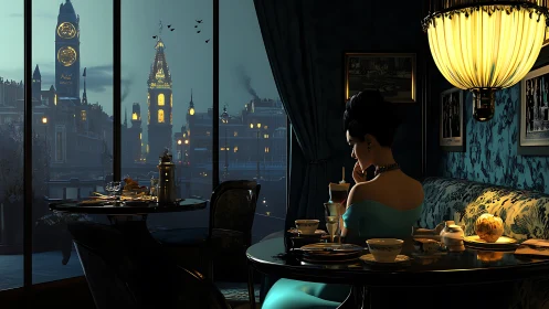 Elegant woman dining in lamplit café above nocturnal cityscape.