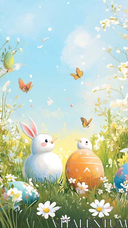 Spring-bright bunnies trade secrets between painted eggs