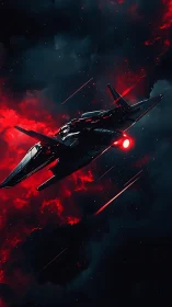 Stealth starfighter cuts through red ion storm with reactive thrusters