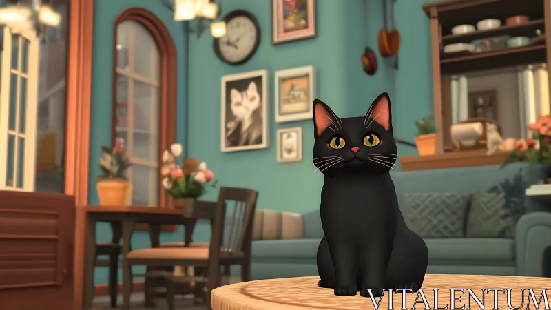 Black cat seated on wooden table in teal-walled interior setting.