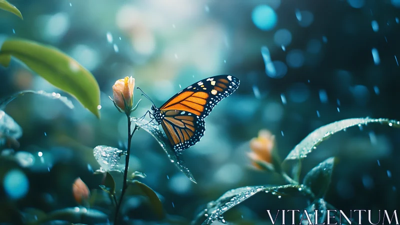 Monarch butterfly on dewy buds in cinematic rainlight.