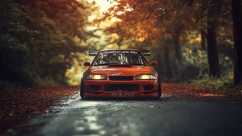 Lowered red tuner car glows against a moody autumn forest road