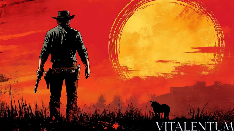 Cowboy and loyal dog beneath a burning western sun.