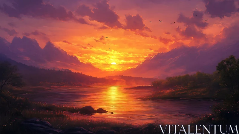 Sunlit mountain lake reflects vivid orange sunset sky