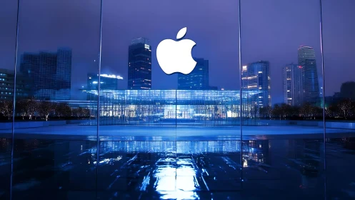 Urban skyline with luminous apple logo reflected at night.