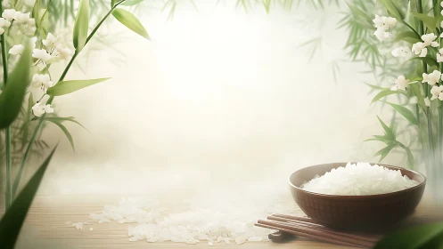Serene rice bowl still life amid soft bamboo florals.