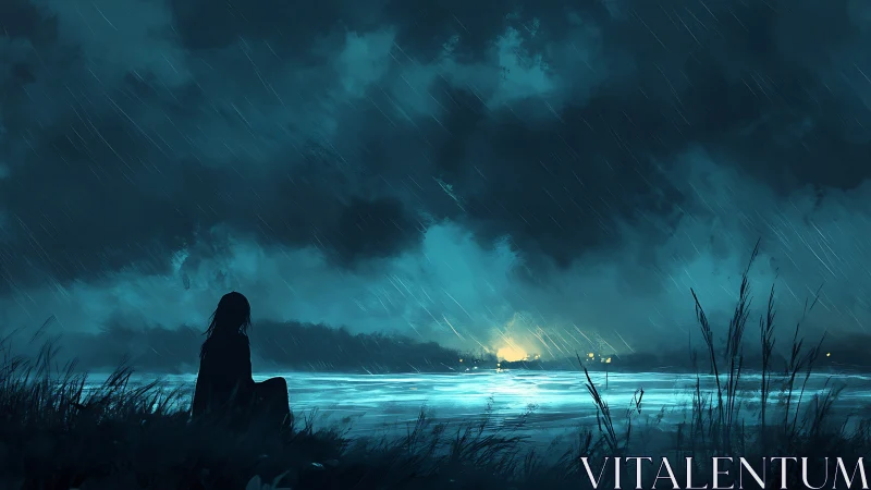 Solitary shoreline observer in nocturnal storm illumination.