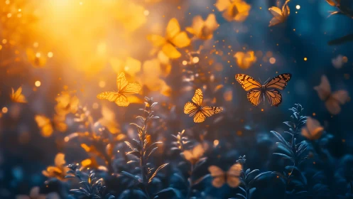 Monarch butterflies move through backlit foliage in shallow focus