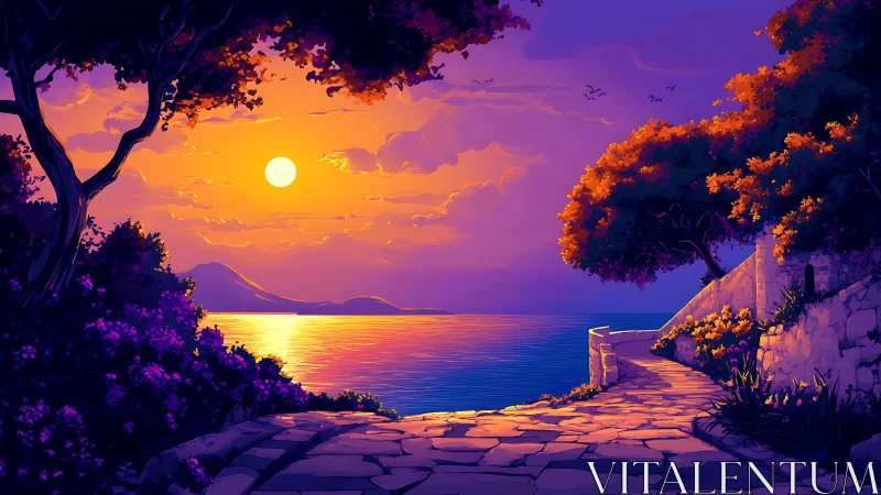 Sunlit coastal path glowing in soft purple evening light.