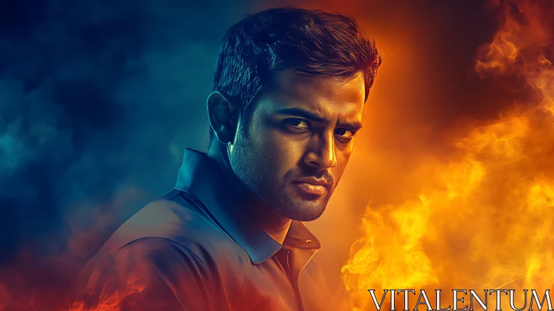 Intense fiery portrait framed by bold blue and orange light.