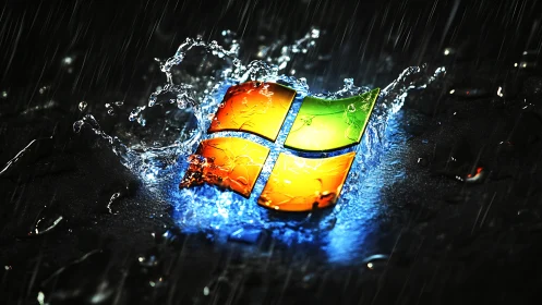 Illuminated glass logo shattering through dynamic water splash.