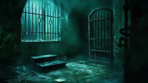 Moody dungeon corridor with open iron gate and foggy light.
