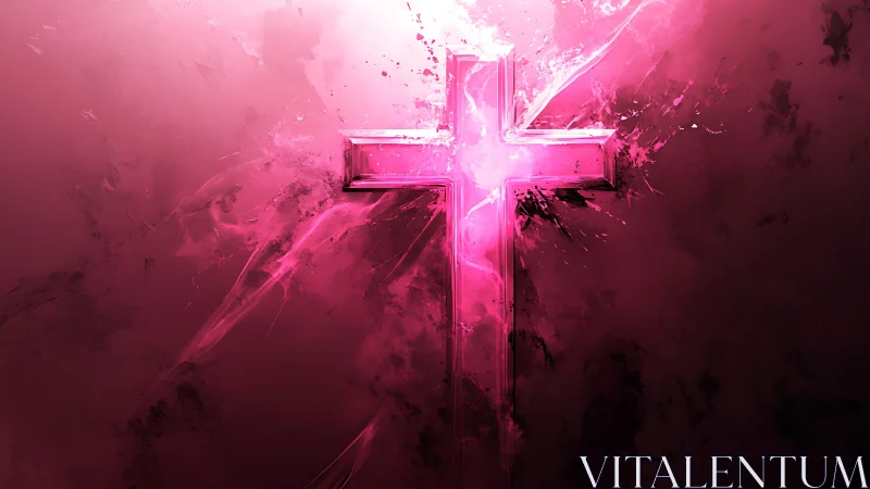 Luminous pink cross burns through dark abstract background