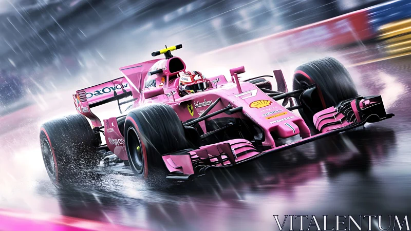 Thrilling pink Formula race car surges through rainy circuit