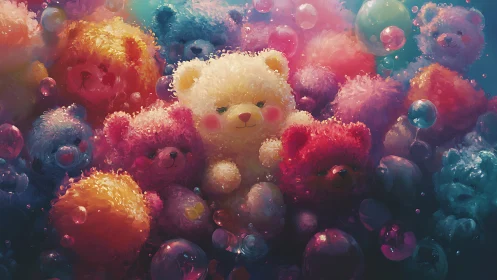 Clustered fluffy toy bears in multicolored bubble field.