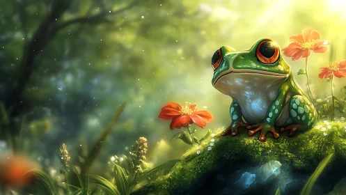 Bright-eyed forest frog basks among glowing garden flowers
