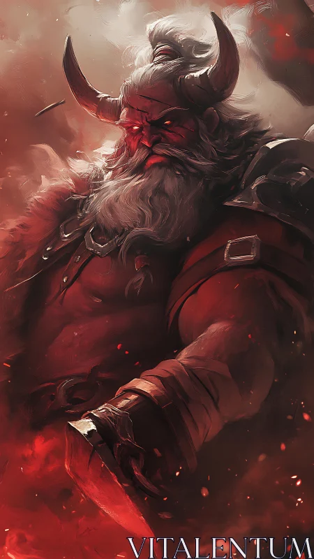 Ember-bearded warlord strides through storming scarlet embers.