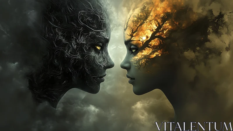 Dual elemental female profiles render textured contrast of fire and void