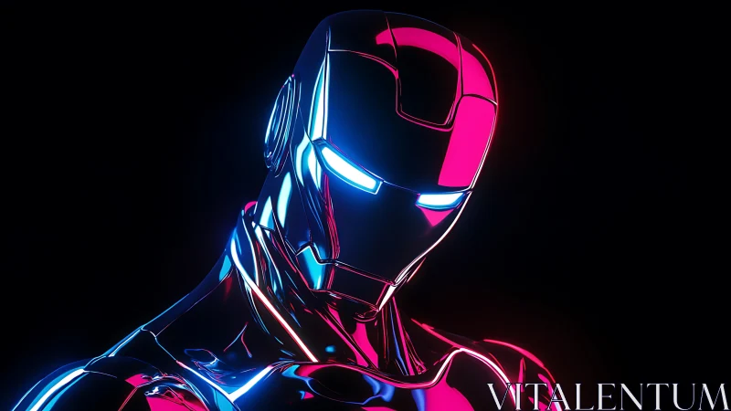 Neon-lit armored robot portrait glows against dark void