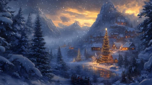 Snowy mountain village glowing with cozy holiday lights.