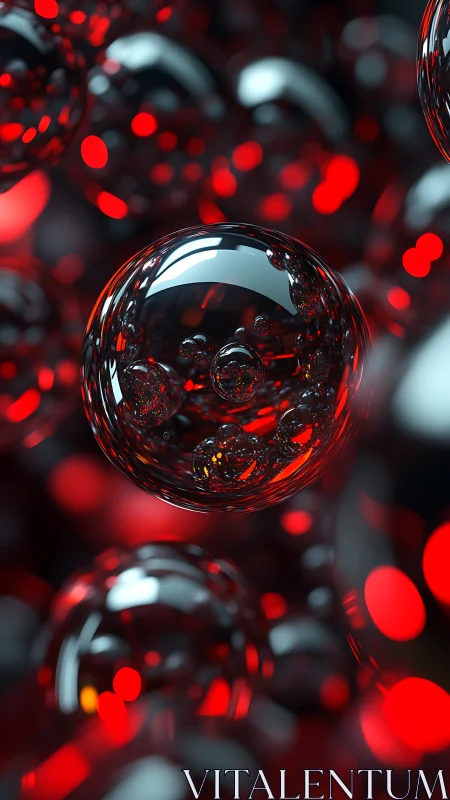 Reflective glass spheres float among blurred red bokeh light