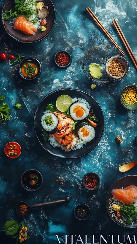 Overhead gourmet sushi tableau on textural teal backdrop.