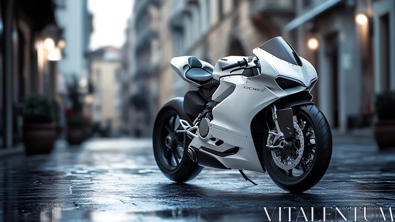 Streetlit phantom superbike pauses on rain-slicked cobbles tonight