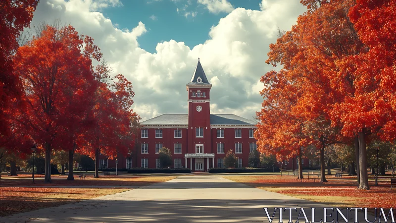 Red brick academic building framed by autumn foliage.