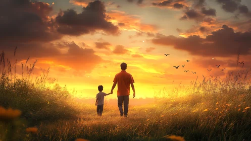 Silhouetted adult and child walking through field at sunset.